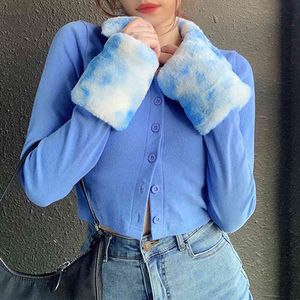 Tie Dye Furry Patched Ribbed Knit Cropped Y2K TShrirt Women Warm Autumn Winter Female Fashion Long Sleeve Button Tee Outfit 210415