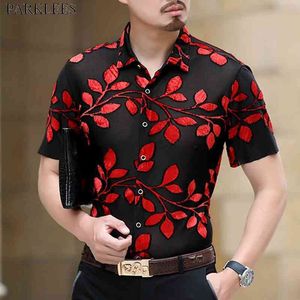 赤い葉の刺繍透明シャツ男性スリムフィットセクシーなセクシースルークラブウェアドレスシャツの男性パーティーイベントプロムレースシアートップス210522