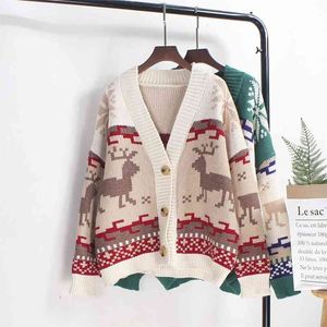 Korean Women Cardigan V Neck Thick Oversized Knitted Deer Christmas Sweater Coat Style Winter Jacket 210427