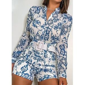 Women's Printed Playsuits Chic V-neck Long Sleeve Casual Outfits Autumn New Fashion Ladies Blue & White Streetwear Playsuit 210422