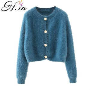 H.SA Women Casual Soft Warm White Cardigans Long Sleeve Tops ropa mujer Black Mohair Sweater Coat 210417