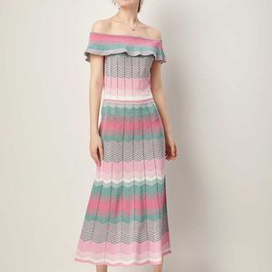 Women colorful Striped Off Shoulder Knitted Dress Summer High Waist Short Sleeve slash neck knitting dresses Vestidos 210529