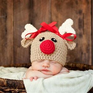 Cartoon Newborn Infant Crochet Knitted Christmas Deer Baby Hats for Boy Girl Cap Photography Props Bowknot Hat Girl