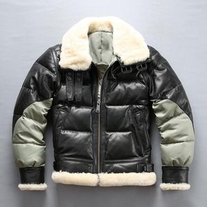 Männer Leder Faux Winter Mantel Herren Jacke Männer Ziegenleder Ente Unten Natürliche Lamm Pelz Kragen Luftfahrt Jaqueta De Couro ZGAb5 YY856