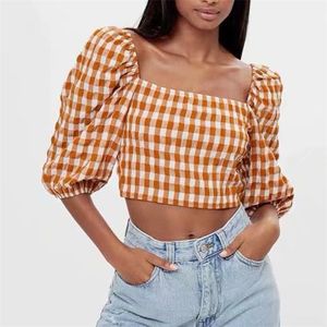 Kadınlar Yaz Ekose Kısa Bluzlar Gömlek Üstleri Slash Boyun Puf Kollu Elastik Büstü Kadın Moda Sokak Tatlı Üst Tunik Blusas 210513