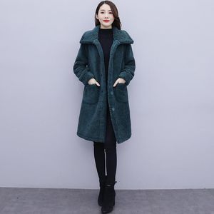 Misto lana da donna Cappotto di agnello da donna di grandi dimensioni Donna Inverno 2021 Sciolto Collo alto a metà Pelliccia Una tasca femminile Tre bottoni