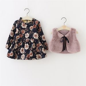 2 Pcs Plush Lined Floral Dress and Faux Fur Vest Set 210528