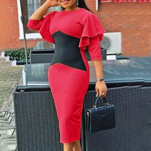 Kvinnor Bodycon Pencil Dress O Neck Patchwork Ruffle Half Sleeves Modest Classy Kvinna Afrikansk Fashion Fall Klänningar Robes 210416