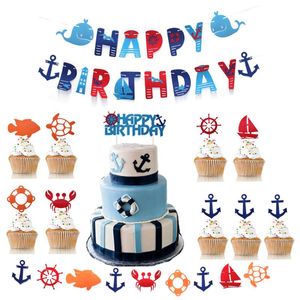 Decoração de festa meninos náuticos marinheiro âncora Feliz aniversário Banner Cupcake Toppers para suprimentos decorações