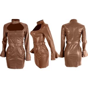 LS6402 European American Women's Casual Dresses Slim Low-Cut Sexy Fashion Läder Kjol med Bälte