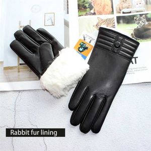 Winter Thickened Warmth Touch Screen Sheepskin Gloves Female Leather White Rabbit Fur Lining Outdoor Windproof Increase Finger 220112