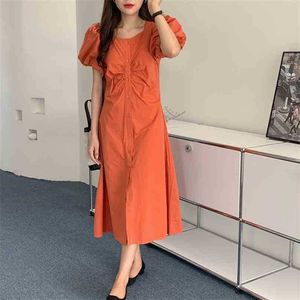 Orange Pleated All Match Loose Summer Femme Long Dresses Stylish Gentle Dress Solid Brief A-line Vestidos 210525