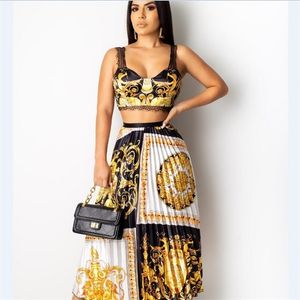 European Vintage Print Sexy Lady Roupas Bra Top e Long Plissed Skirt 2 Parte Saia Fato Festa Outfit 210730