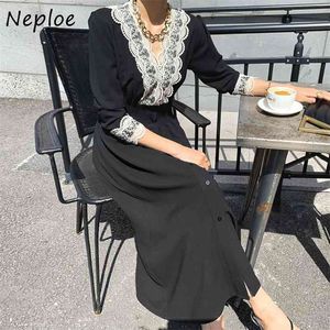 V Neck Lace Hook Flower Elegant Dress Women High Waist Hip A Line Long Vestidos Draped Design Slim Robe Spring 210422