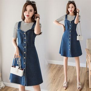 Na moda A-Linha Único Breasted Curto Denim Denim Verão Verão Estilo Preppy Sundress Tanque de Alça Jean Plus Size Vestido 210604