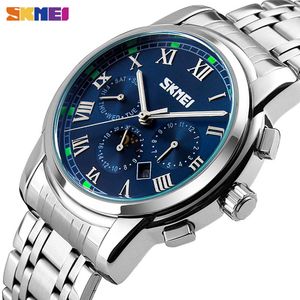 SKMEI QUARTZ armbandsur män Metall Mesh Rostfritt stål Vattentät Watch Moon Fas Komplett Kalender Affärsklockor 9121 Q0524