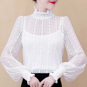 Blusas Mujer de Moda Turtleneck с длинным рукавом Белая блузка Женщины Топы Turtleeneck Полые кружевные рубашки Рубашка Женщина одежда C945 210602