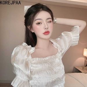 Korejpaa Women Blouses Korean Fashion Short Sleeve Chiffon Shirt Women's Spring and Summer Pleat Design Top Female 210526
