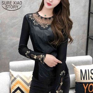 Outono Sexy Lace Preto Hollow Mulheres Blusas E Tops Inverno Quente Longa Manga Malha Retalhamento Diamante Diamante Camisas 7843 50 210510