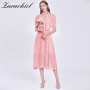 Kvinnor Sommar Elegant Puff Sleeve Chiffon Kvinna Kontor Cocktail Party Robe Femme Stand Krage Bälte Pläterad Klänning Vestidos 210416