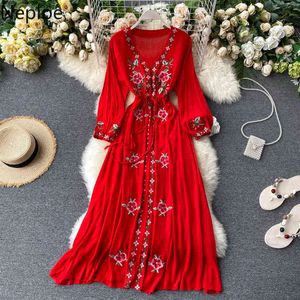 Neploe Bohemian Ethnic Dress New Women Fashion Embroidered V Neck Travel Holiday Beach Dresses Woman Long Sleeve Vestidos 210423