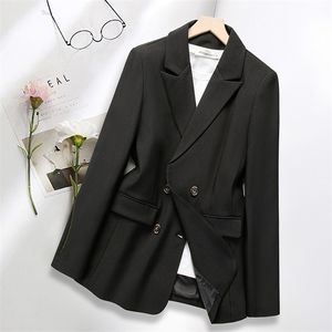 PEONFLY Casual Double Breasted Blazer Women Office Ladies Solid Coat Jacket Long Sleeve Notched Outwear 211122