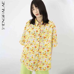 Yellow Floral Blouse Women's Summer Laple Large Size Single Breasted Short Sleeve Shirt Female Tide 5E322 210427