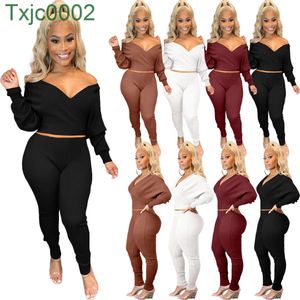 Kobiety Dwuczęściowy zestaw Designer Dressits 2022 Spring Solid Color Pit Bar Nici Głębokie V-Neck Off Ramię Sexy Długi Rękaw Spodnie Damskie Garnitur 4 Kolory