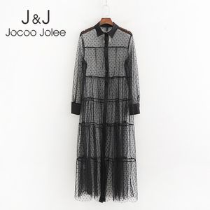 Sexy Perspective Polka Dot Patchwork Transparent Midi Shirt Dresses Womens Long Sleeve Female Chic Sexy Mesh Dresses Vestidos 210518