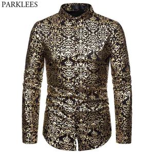 Männer Paisley Floral Gold Glänzend Gedruckt Smoking Hemd Marke Banded Kragen Slim Fit Kleid Hemd Männer Hochzeit Party Barock chemise 210522