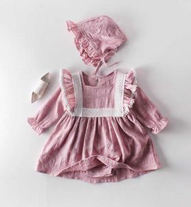 Bebek Kız Bodysuit Elbise Bahar Stil Pamuk Uzun Kollu Prenses Elbiseler Ücretsiz Şapka Giysileri Göndermek 0-2T E91007 210610