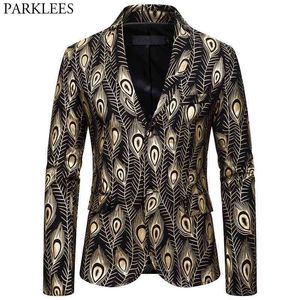 Gold Pavão Pôsteres Festa Terno Jaqueta Homens Único Breasted Slim Fit Mens Elegante Blazers Club Festa De Prom Fase Roupas Para Cantores 210522