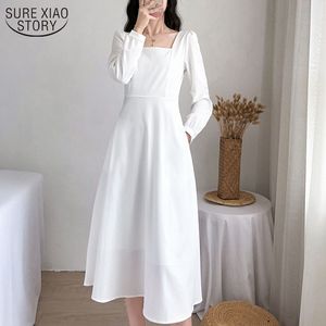 Backless Dresses Gentle Sweet White Vintage Square Collar Autumn French Elegant Temperament Slim Midi 13016 210508