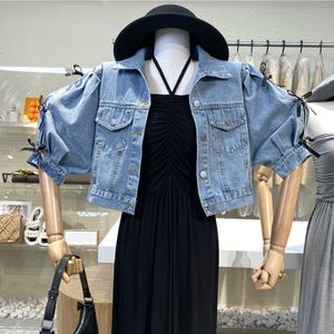 All Match Loose Bow Denim Jacket Women Vacation Half Puff Sleeve Lapel Short Casual Single Breasted Fashion 16W1004 210510