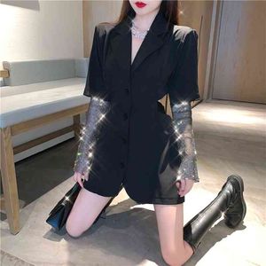 Hollow waist Elegant Fashion Bubble Shoulder Suit Dress Female Diamonds V Neck Slim Korean Style Black Women Dresses 987B 210420