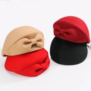 Berets 2022 Ladies Red Wedding Hat For Women Vintage 100% Wool Felt Pillbox Hats Black Fascinator Winter Fedoras Bow Beret