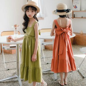 2021 Summer Kids and Teen Girls Cute Bow Princess Dress Holiday Girls Clothes Neonate Abito da spiaggia in cotone stile lungo, # 8669 Q0716