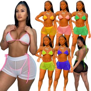 Mulheres Três Peça Bikini Set Summer Broca Hot Broca Imprimir Malha Swimwear Sexy V Pescoço Backless Beach Wear Bandage Ternos 7 Cores