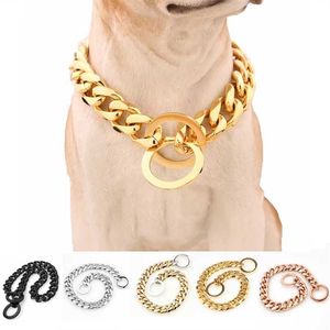 15mm Solid Dog Chain Collar Stainless Steel Necklace Dogs Training Metal Strong P Choker Pet s for Pitbulls 211022