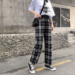 Houzhou Koreański styl Szerokie spodnie do nóg Kobiety Cienkie lato Spodnie w kratę Plus Size Kobiety Spodnie Oversized Workedered Spodnie Wysoka talia 210707