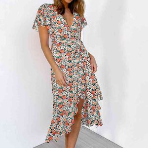 Ruffled Boho Maxi Lång Klänning Kvinnor Sommar Elegant V-Neck Cross Print Blommor Bälte Kvinnor Vintage Dress Beach Dress Kvinna Vestido 210514