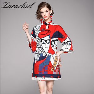 Fashion Designer Cartoon Printed Spring Women Three Quarter Sleeve Buckle Stand Collar Cheongsam A-Line Short Dress 210416