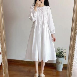 Lässige Kleider, japanisches Kleid für Damen, literarisch, reine Farbe, Rundhalsausschnitt, normale Ärmel, mittellang, 2021 Frühlings- und Herbstmodelle