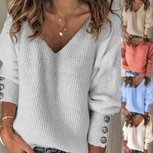 여성용 스웨터 스웨터 단단한 컬러 풀오버 긴 소매 V 넥 니트 버튼 커프스 립 여성 의류