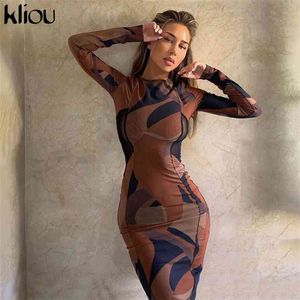 Kliou Patchwork Asthetic Print Maxi Dres Autumn O-Neck Wrist Sleeve Sheath Bodycon Vestido Female Body-shaping Streetwear 210623