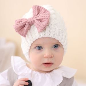 Ньюброд большие луки шляпа осень осень зима теплая девушка шансы шапка сплошной цвет вязания крючком младенческой малышей капота капля детские аксессуары