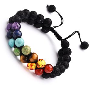 7 Chakra Stones Braided Bracelets Strands Adjustable Double Layer Natural Volcanic Lava Yoga Reiki Healing Stone Bangles Fashion Women Mens Beads Bracelet Jewelry