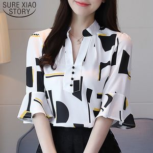 Chiffon Fashion Women Blouses Half Printed Sleeved Clothing Plus Size Shirts Tops 113 30 210510