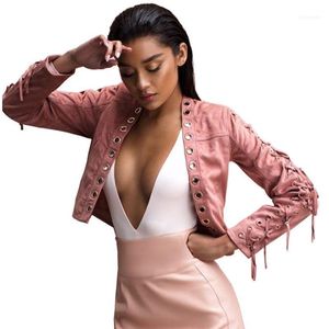 Women's Jackets Wholesale- Pink Faux Suede Jacket 2022 Spring Women Short Motorcycle Biker Lady Fashion Bomber Slim Coat Outerwear Tassel 20