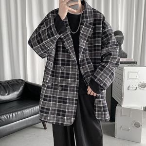 Homens na moda estilo ocidental roupas xadrez impressão outerwear de alta qualidade terno formal jaquetas soltas blazer masculino casacos 210524